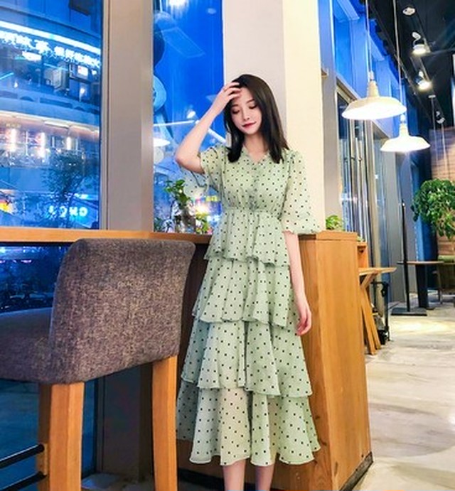 夏 秋 レディース ワンピース 大きいサイズ グリーン 緑 半袖 ネック ロング丈 星 ロングワンピース おしゃれ かわいい 韓国 きれいめ プチプラ Sy 8 68 Dress Sugar Moon