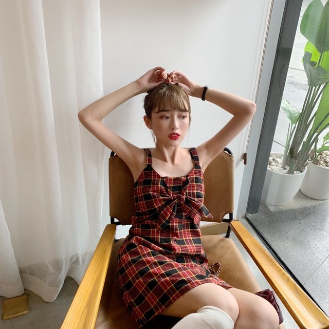 キャミワンピ チェック柄 ワンピース ミニ丈 リボン タイ タータンチェック 春 夏 かわいい カジュアル ガーリー フェミニン Like Fashion プラス