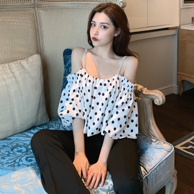 大人セクシー ドット柄 フェミニン トップス カットソー 水玉 オフショルダー 可愛い 夏 オルチャン 韓国 Ptnym16 Shop Suba