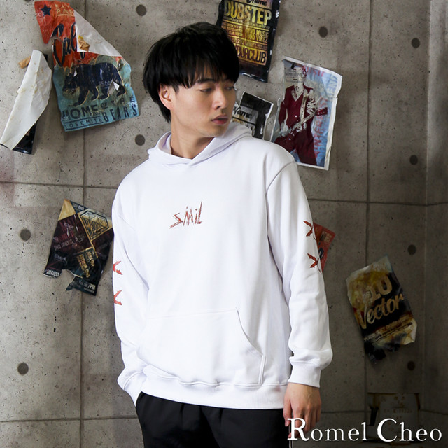 Romelcheo スマイル パーカー 裏シャギー メンズ レディース オーバーサイズ 秋冬 ストリート系 原宿系 ヒップホップ B系 ボード系 プルオーバー ロメルチェオ Romelcheo