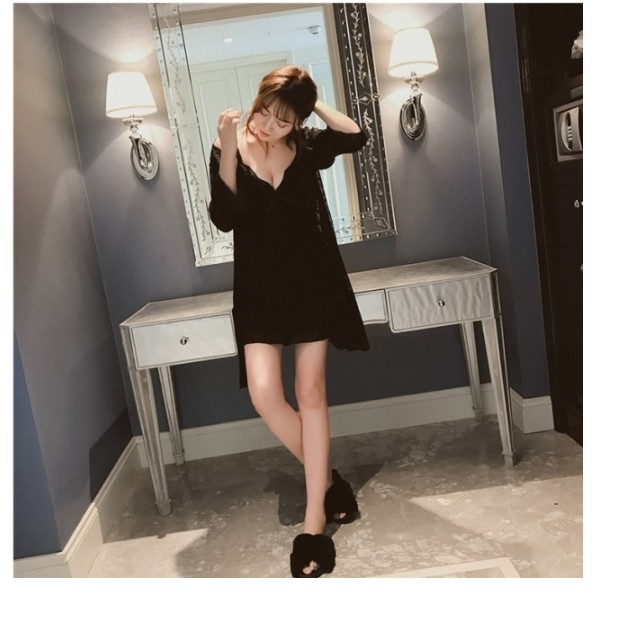 冬服 秋服 冬服 デイリー スリップ 下着 セクシー 部屋着 レディース レース ミニ丈 ワンピース ガウン 2点セット Basecamp49