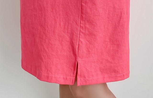 コットンリネン ノースリーブ ワンピース Iライン 膝丈 ラウンドネック ミニワンピース 無地 コーラルピンク 黒 シンプル カジュアル エレガント お出かけ リゾート 海 夏 Crystalhk