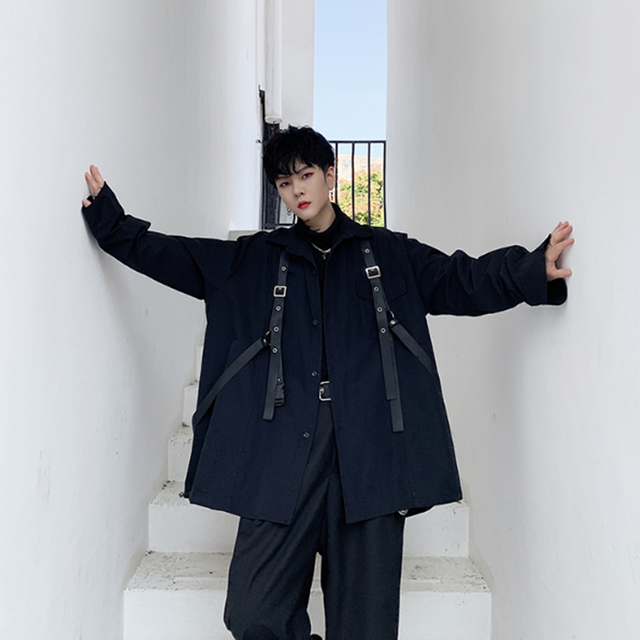 ベルトデザイン オーバーシャツ ビッグシャツ サスペンダー モード系 黒 ブラック ユニセックス メンズ 無地 ゆったり 大きいサイズ 開襟シャツ ロングスリーブ ドルマンシャツ オーバーサイズ ゴシック 韓国 原宿系 ビッグシルエット お支払い後日以内に発送