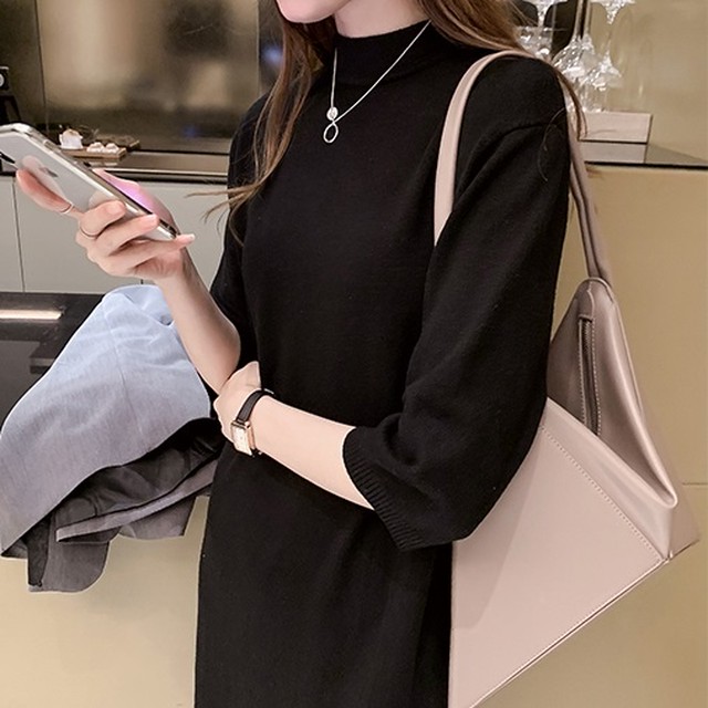 ニット ストレートラインワンピース 7分袖 ハイネック 春服 秋服 冬服 通勤 レディース I0542 Aeka Clothet For Worker