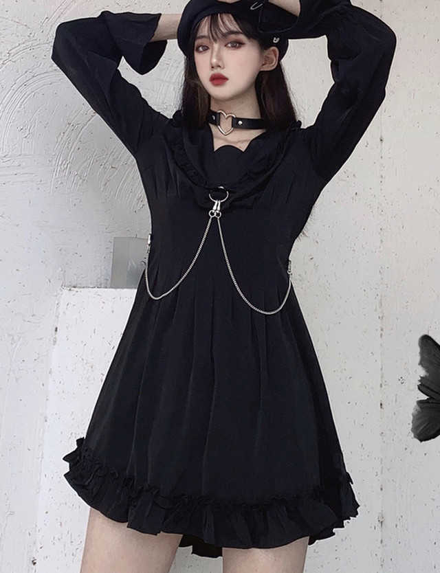 Top Mode ミニフレア ワンピース リングチェーン付き フリル ミニワンピ フレアワンピ ミニ丈 長袖 ゴシック ゴスロリ パンク ゴスパンク 黒 ブラック 白 オフホワイト Rock Rmd645 Top Mode