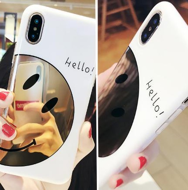Iphoneケース ミラースマイリー柄 鏡 個性的 可愛い ハーフスマイリー ニコちゃんマーク Iphoneｘ対応 白 Guguppest2
