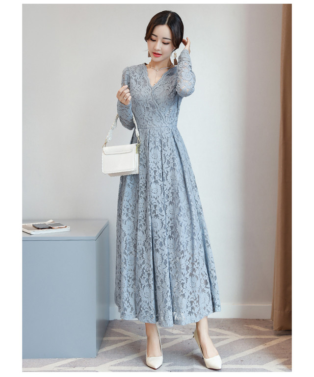 総レース Vネック スカラップ 長袖 ドレス ロング ワンピース マキシ丈 ロングワンピース スカラップレース Aライン フレア 結婚式 お呼ばれ パーティードレス ロングドレス 上品 大人 大きいサイズ Lalas