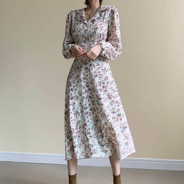 ロングワンピース ワンピ 韓国 コーデ きれいめ 40代 30代 代 花柄 レトロ 長袖 ロング ミモレ丈 上品 ハイウエスト 襟付き フレア 上品 ナチュラル おしゃれ 大人 可愛い Aライン Dress No Sato