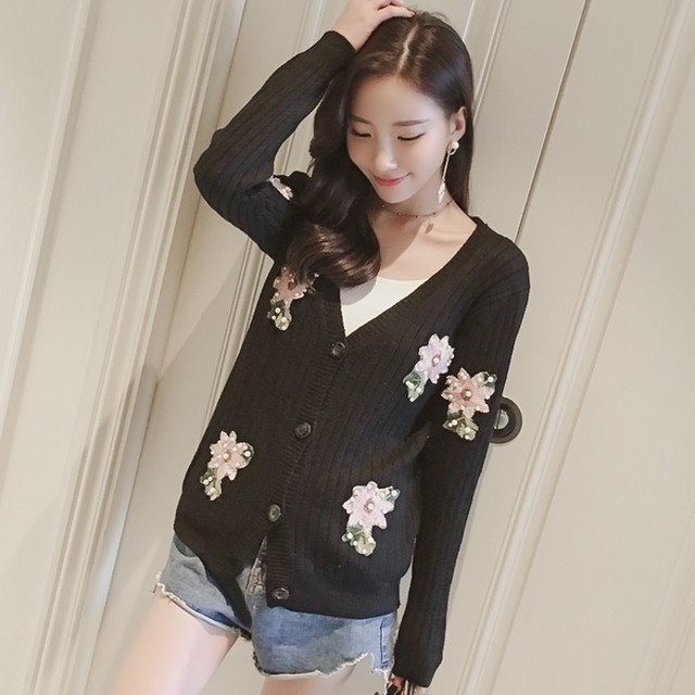 かわいい 花刺繍 ビーズ刺繍 リブカーディガン ショート Tricot By Arroser