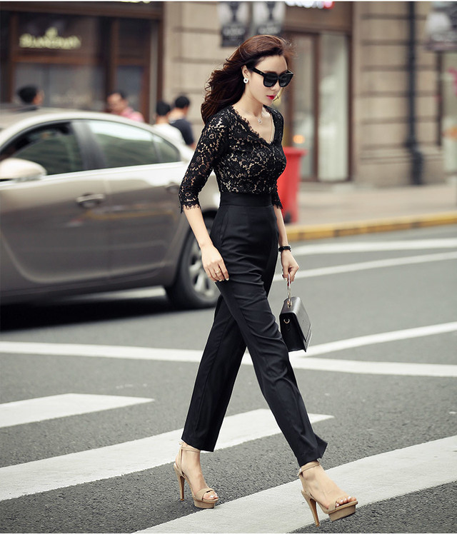 パンツドレス パンツスーツ レース つなぎ フォーマル 結婚式 二次会 お呼ばれ パーティー ドレス ワンピース ブラック 黒 30代 40代 50代 F018 Hollys Design