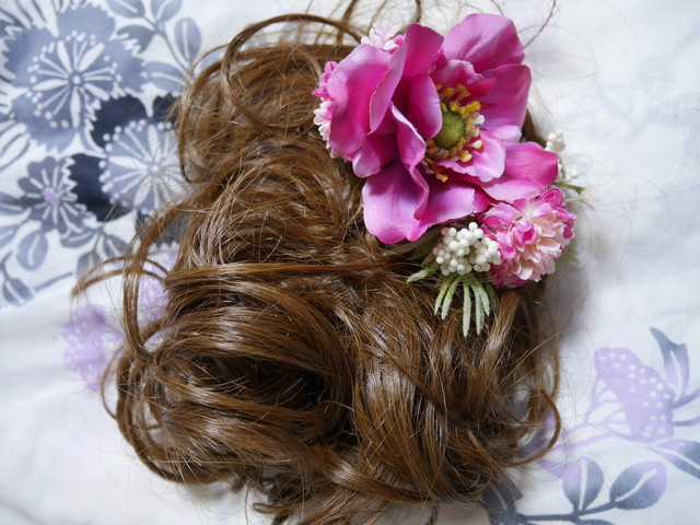 浴衣用ヘッドピース 中 ピンク アネモネ髪飾り お花の和洋ヘッドピース 花帽子