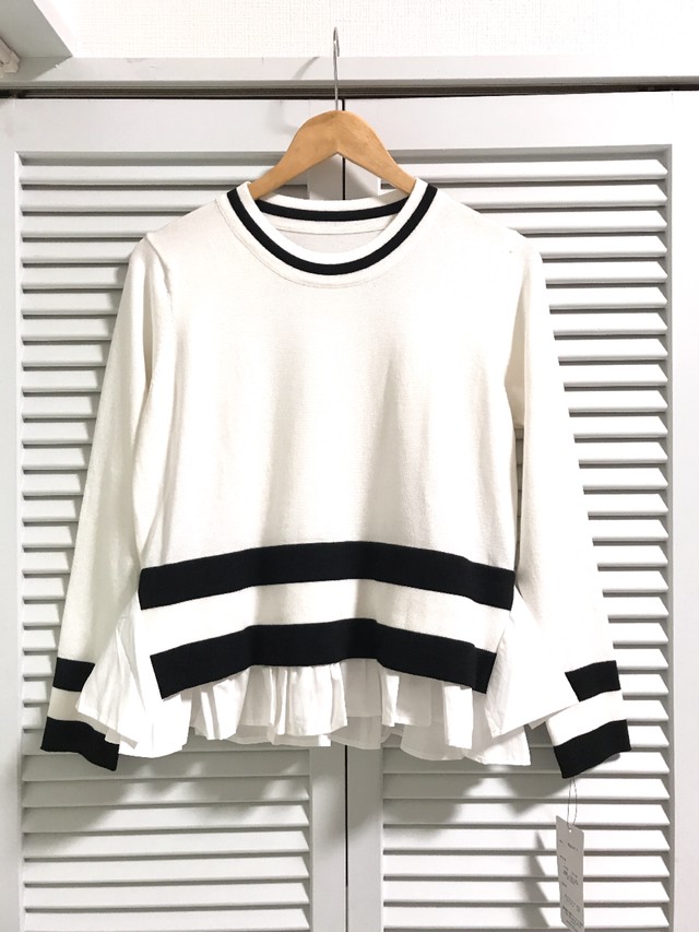 裾フリルのボーダードッキングトップス ホワイト プチプラコーデのミカタ Kyasalon