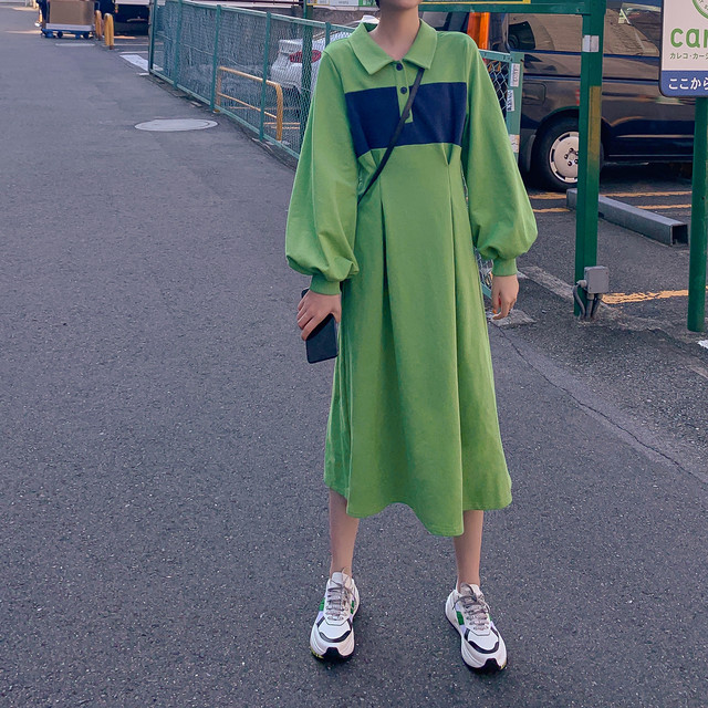秋 冬 レディース ワンピース グリーン 緑 カジュアル 長袖 ロングワンピース バイカラー かわいい おしゃれ 韓国 きれいめ プチプラ Fa 9 218 Dress Sugar Moon