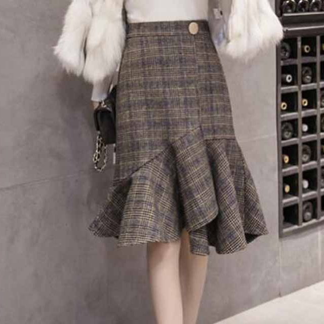 ラッフル フィッシュテール グレンチェック 裾フリル スカート アシンメトリー 秋服 冬服 エレガント フェミニン トレンド 人気 S Xl レディース C0004 Aeka Clothet For Worker