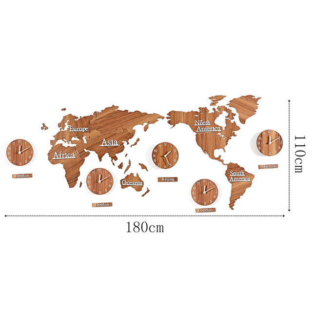 大規模な世界地図壁時計モダンなデザインのリビングルーム木製diyステッカー世界時計大きな壁時計家の装飾サイレント 180 X 110 Cm Wood Braverybase