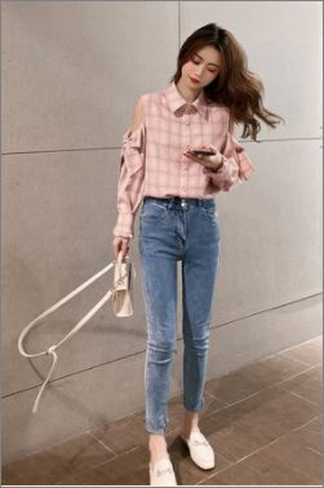 くすみピンク リボンが可愛い オフショルダーチェックシャツ プチプラ韓国ファッション通販 Mocchida モッチダー