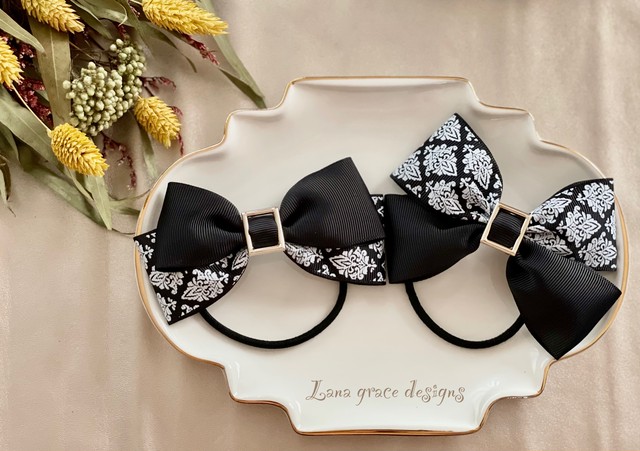 大人気 ダマスク柄 リボン ヘアゴム 2点セット グログランリボン Lana Grace Desings