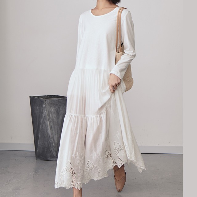 値引 ロングワンピース ラウンドネック 7分丈袖 ギャザースカート エレガント レーシー ロング丈 ワンピ シースルー ワンピース デート お出か 公式 Www Iacymperu Org