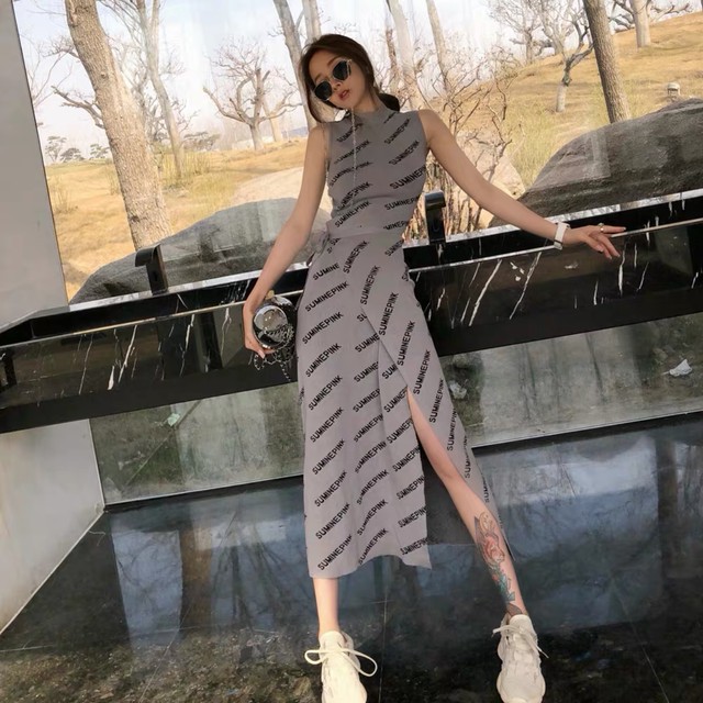 slanting logo long dress