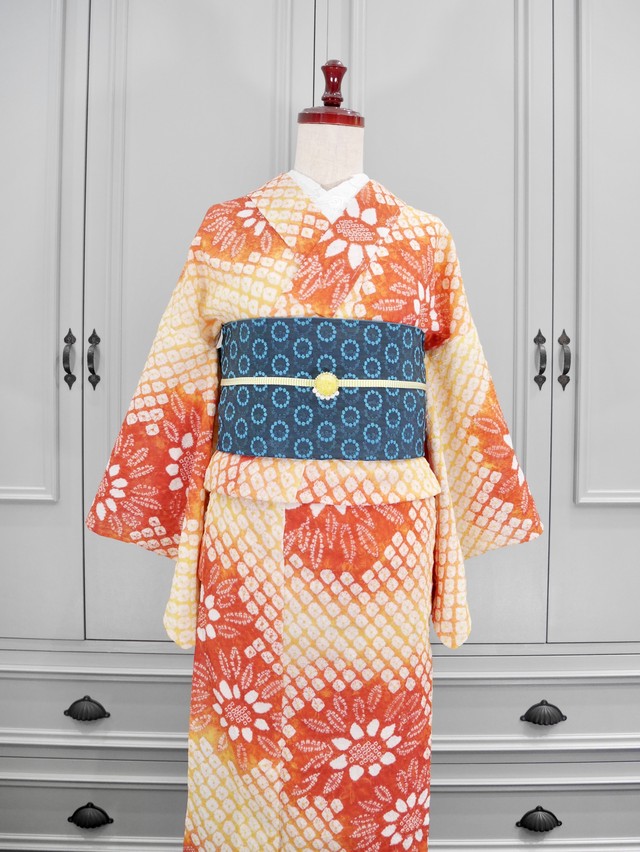 有松鳴海絞り浴衣 オレンジイエローにひまわり 142 Kimono Tento
