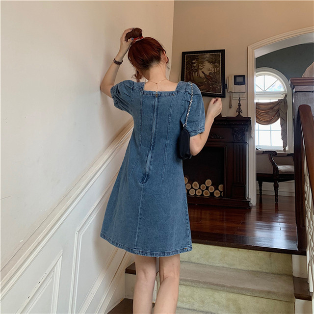 送料無料 デニムワンピース デニム バブルスリーブ スクエアネック ミニ丈ワンピース フロントボタン サマーワンピース カジュアル Sunrise0911
