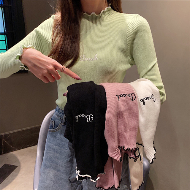 ロゴ刺繍ニット トップス ニット ロゴ ホワイト ピンク グリーン ブラック スタイルアップ カジュアル 韓国 オルチャン 韓国レディース ファッション通販 ポワン