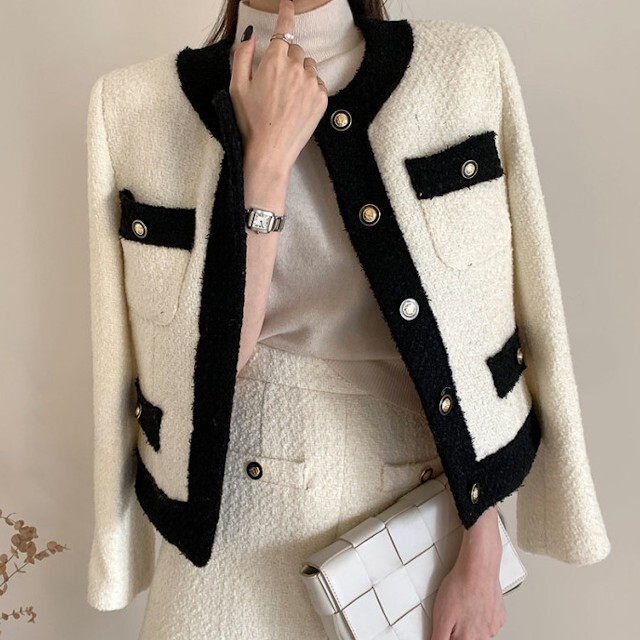 全2色 レディース ジャケット ツイード ノーカラー ショートコート 卒園式 卒業式 入学式 フォーマル ホワイト ブラック S M Favoriteselect