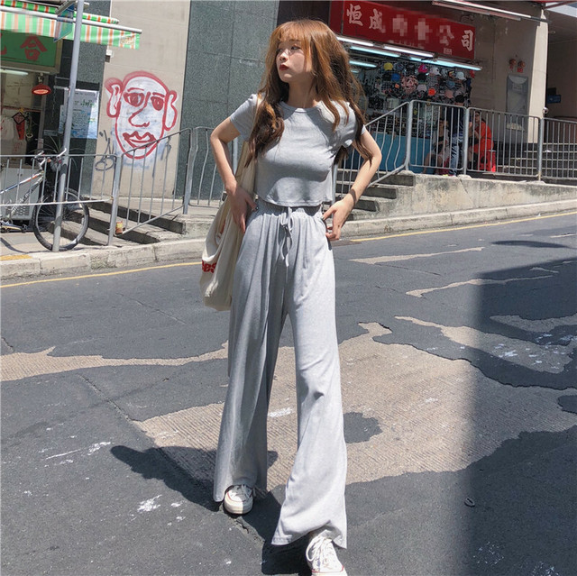 セットアップ レディース 春夏秋 スウェット スエット ｔシャツ 半袖 ラウンドネック ワイドレッグパンツ ハイウエスト 体型カバー シンプル カジュアル 無地 グレー ブラック Hf Haru Meets Foo