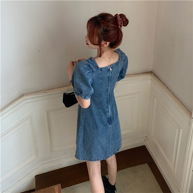 デニムワンピース デニム バブルスリーブ スクエアネック ミニ丈ワンピース フロントボタン サマーワンピース カジュアル かわいいおんなのこ