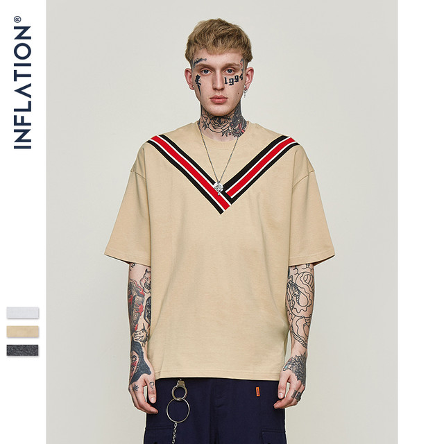 Inflationオーバーサイズvストライプtシャツ18夏メンズカジュアルtシャツストリートウェアブランドウェア男性のルーズトレンディトップtシャツ8198s サマー 夏物 インフレ公式ストア Efect