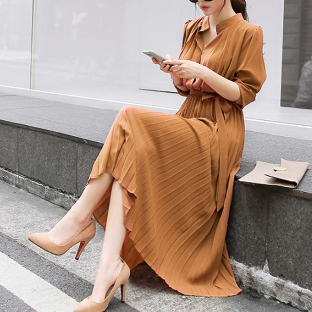 ワンピース ワンピ 膝下丈 フレアスカート プリーツ マオカラー シフォン生地 きれいめ 秋冬 春物 Choco Chaco