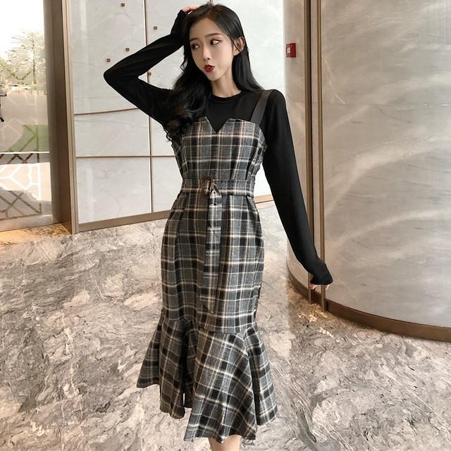 重ね着風切り替えチェック柄ワンピース 韓国デザイナー商品 切替秋冬 マーメイド フリル ウエストベルト Wanpi
