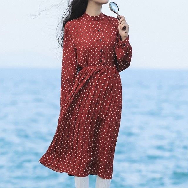春 トレンド ワンピース シャツワンピ ドット柄 水玉 ハイネック 長袖 フレア プリーツ ガーリーお出かけ デート M0638 Dreamy Life