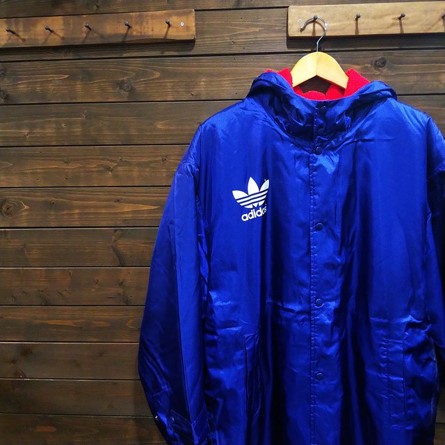 メンズl アディダス フード付き 裏ボア ベンチコート 青 ブルー 古着