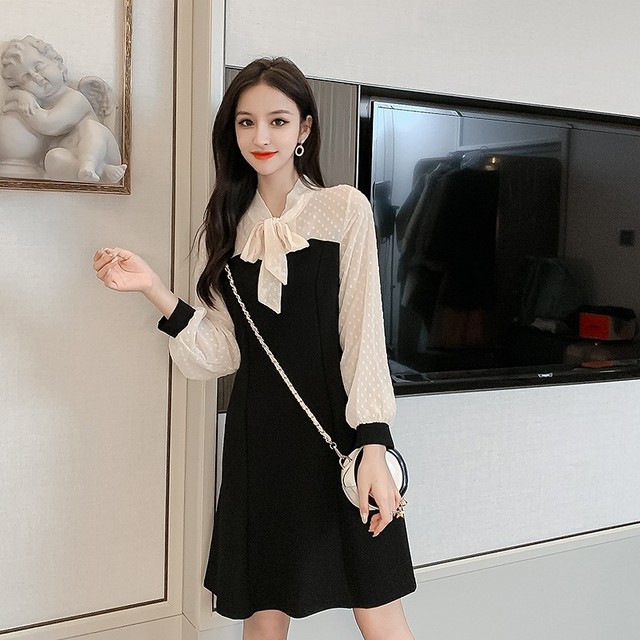 31 即納 リボンバイカラーワンピース 長袖シフォンシースルー量産系 Evelyn系リズリサ系ankrouge系 Dolceribbon