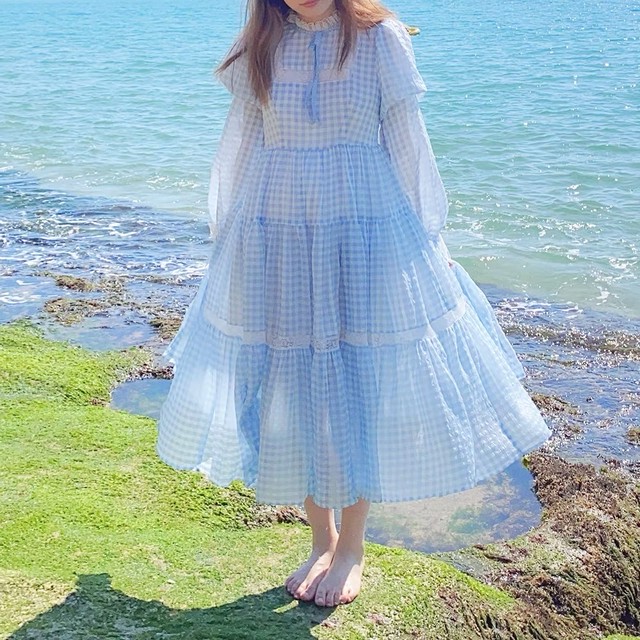 水色 ワンピース ガーリー 可愛い さわやかな ゆったり リボン ギンガムチェック Loveysmileshop