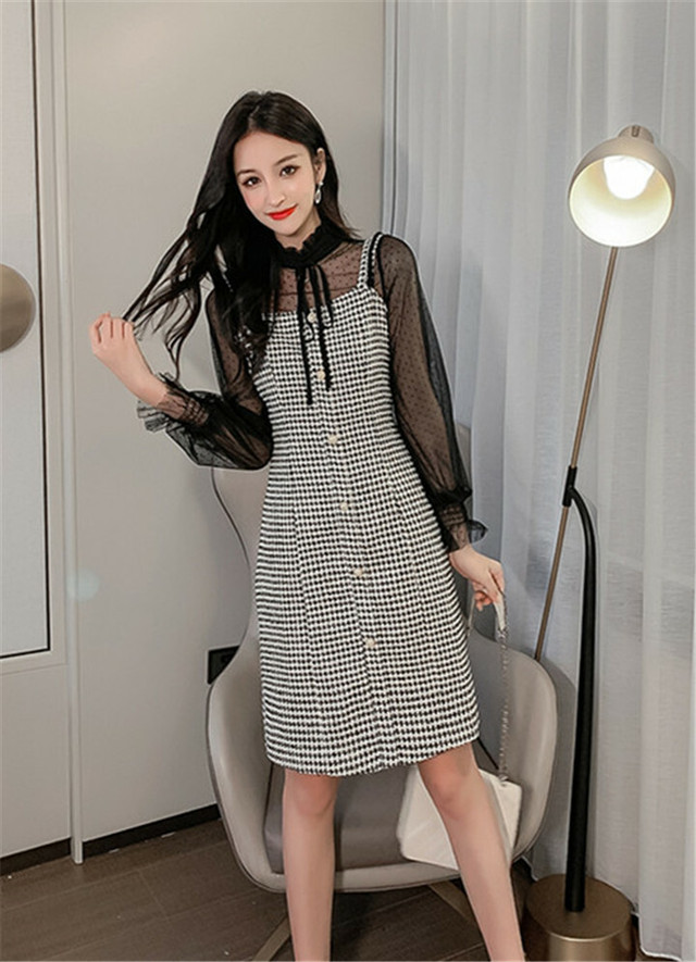 送料無料 シースルーワンピース ハイネックワンピース レトロ風ワンピース 長袖ワンピース 韓国ファッション Felixwoman