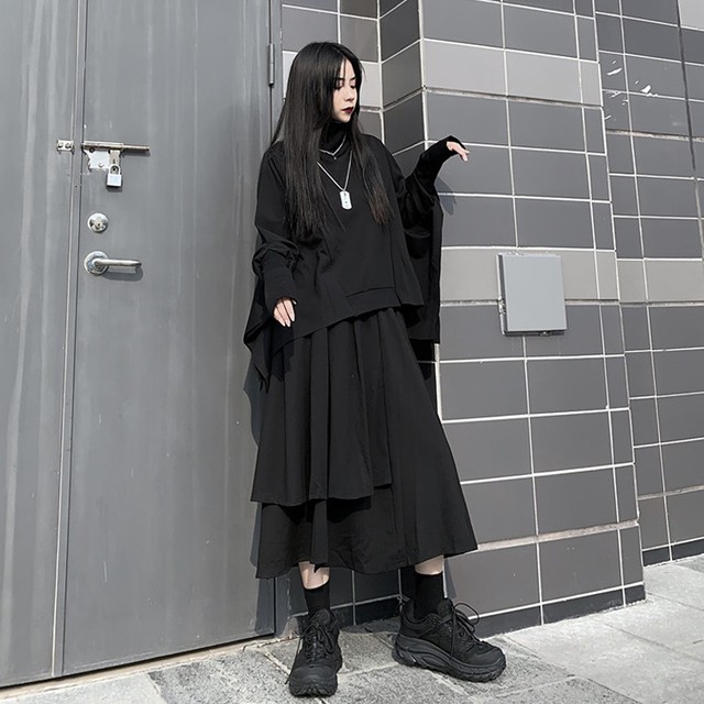 ゴシック系 ツーピース タートルネック レイヤー フレアスカート ロング丈 病み可愛い 原宿系 代 30代 オルチャン 天使と悪魔 サブカル 系ファッション Seasonz