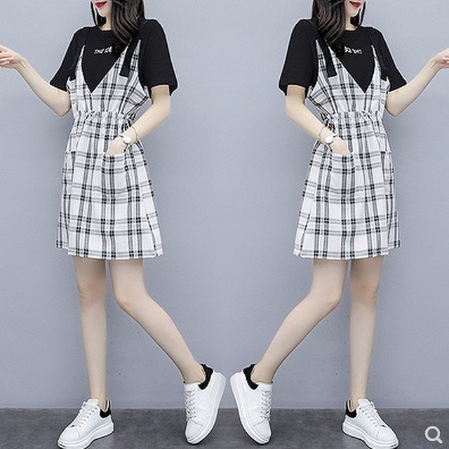 大きいサイズ レディース レイヤードワンピース チェック柄 Tシャツ サロペット 半袖 春夏 重ね着 S 大きいサイズ 送料無料 レディース通販店 ｋｅｃｃｈi 静岡 Base売り場