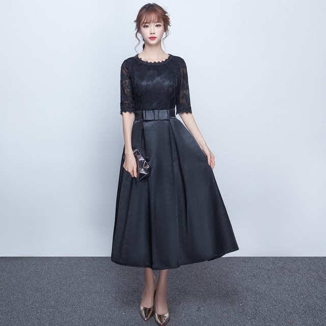 ウエストマーク黒パーティードレス ブラック ロング ミモレ丈 Shellygarnet