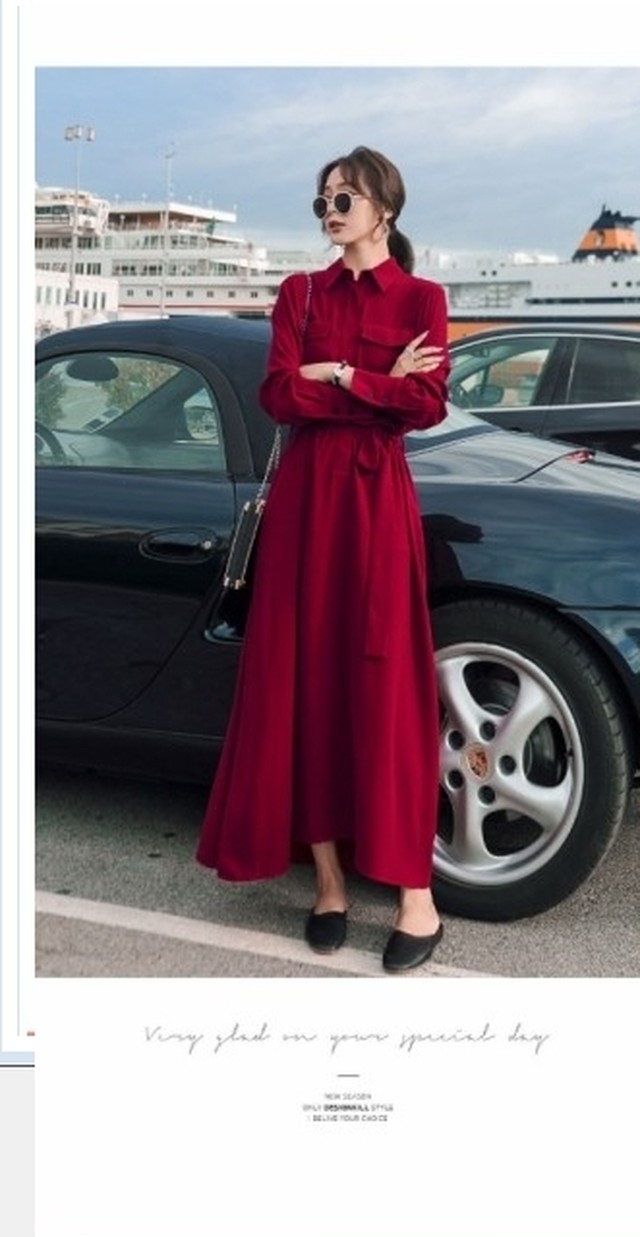 シャツワンピース ロング丈 長袖 ワンピース ロング丈 シャツワンピ ポケット ベルト スリット 長袖 ハイウエスト 赤 レッド ミモレ丈 Basecamp49