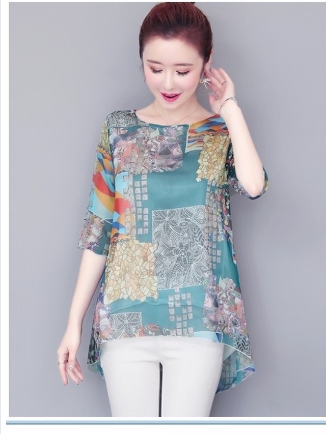 夏服 レディース セットアップ レディース 2点セット 40代 シフォン プリント 50代 ブラウス 半袖トップス 夏服 30代 ワイドパンツ パン Basecamp49