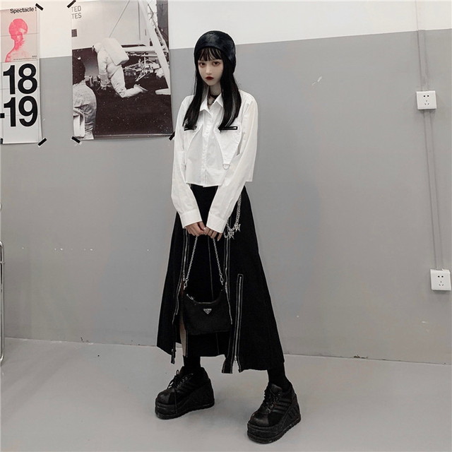 ゴスロリ オールインワン 長袖シャツ ミモレ丈 Zipアップ フレアスカート クール ストリート系 病み可愛い 原宿系 ｖ系 オルチャン 10代 代 天使と悪魔 サブカル系ファッション Seasonz