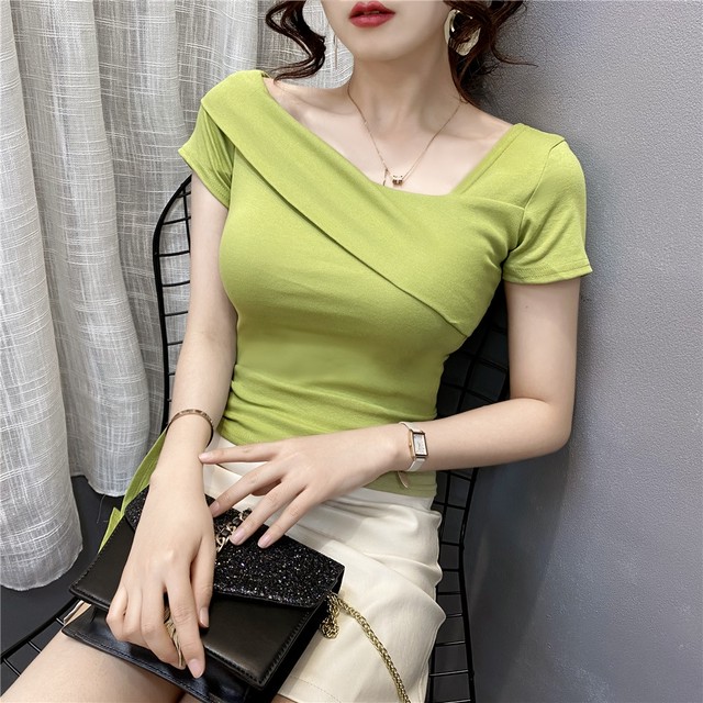 アシンメトリー トップス レディース 半袖 無地 おしゃれ ｔシャツ カットソー オフィスカジュアル ウエストタイ デコルテ美人 大人可愛い キュート トレンド 大人女子 代 30代 40代 An Allure