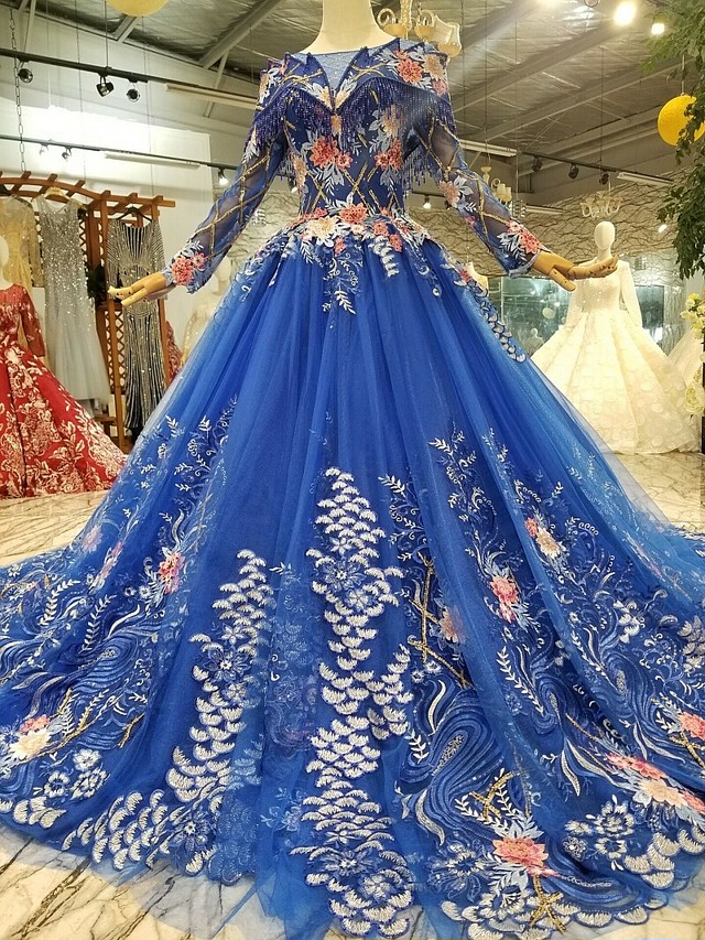 カラードレス ネイビー プリンセスライン 長袖 ハンドビーディング ロングトレーン 編み上げ 華やか 高品質 Cinderelladress