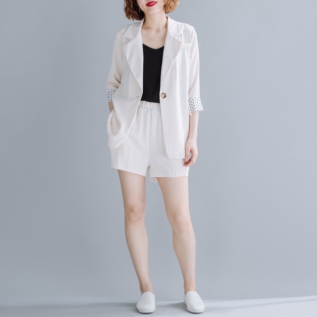 セットアップ ジャケット パンツ 襟 7分袖 折り返し ドット カジュアル 可愛い 女子会 春夏 レディース B0043 Bringhappiness