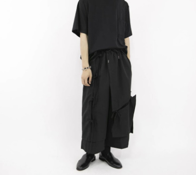Top Mode レイヤードパンツ 個性的 変形 モード系 メンズ レディース ワイドパンツ ガウチョパンツ 袴パンツ ブラック 黒 韓国 原宿系 ストリート 半袖 変形tシャツ ユニセックス 大人可愛い ゆったり かわいい 七分丈 モダン 春夏 着痩せ効果 大人カジュアル かっこいい