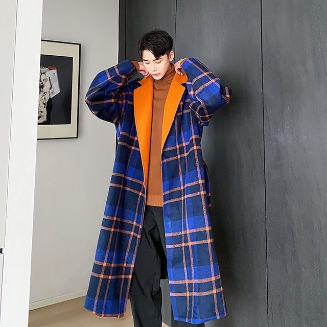 予約販売 ロングコート トレンチコート チェック柄 アウター ロング丈 ブルー メンズ 防寒 お洒落 こなれ感 ベーシック 秋冬 大きいサイズ M L Xl Favoriteselect