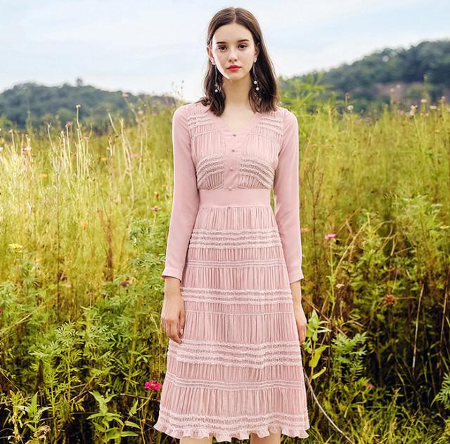 ロング丈 ウエストゴム キレイ ピンク ホワイト ドレス 18年秋トレンド ワンピース Pa0017 Princesse De Paris