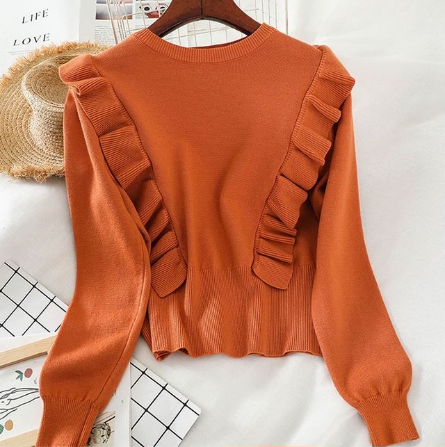 オシャレな大人のフリル ローラウンドネック プルオーバー ニット ショルダーフリル カジュアル 秋冬 フェミニン 可愛い お出かけ デート Lalas